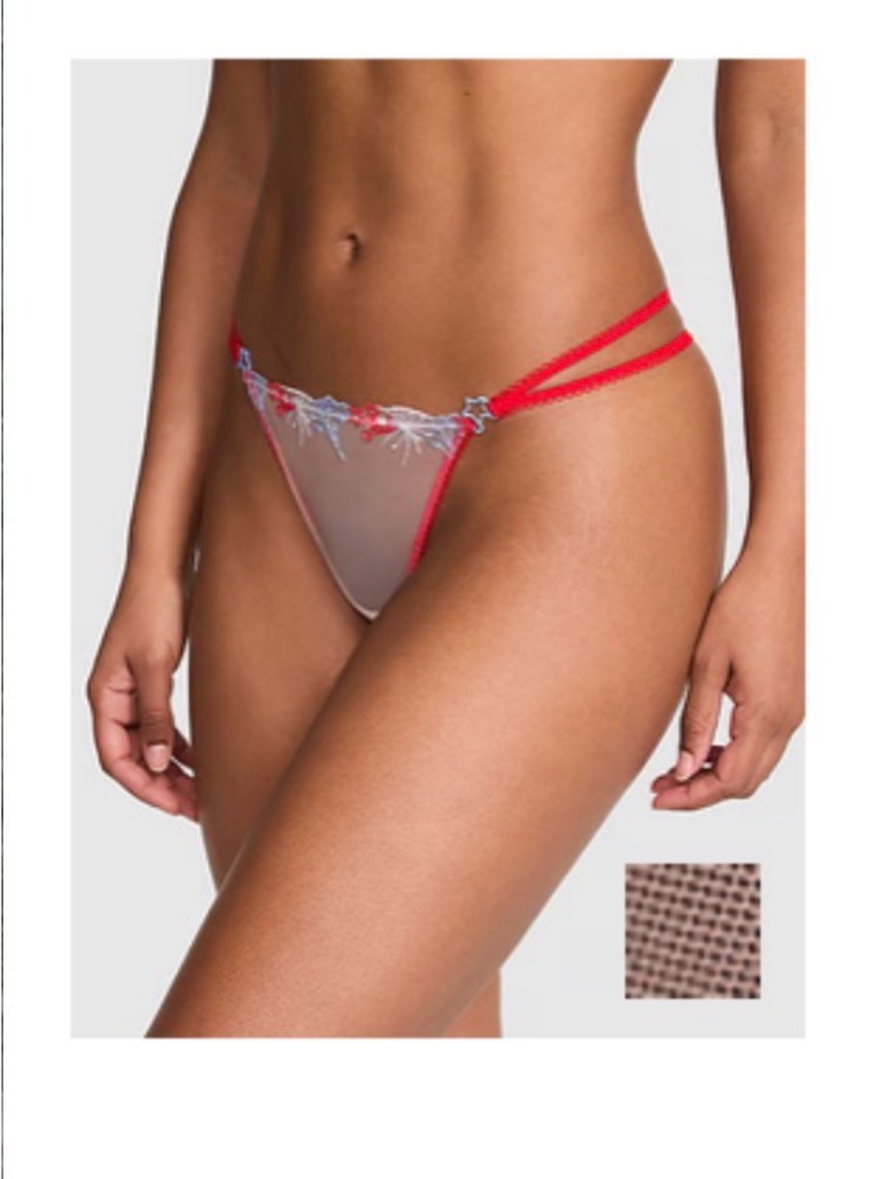 PINK Victoria's Secret Red Sheer Embroidered Double-Strap Thong